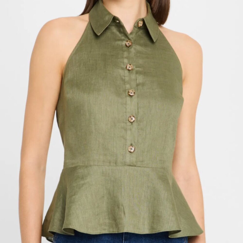 NEW - Veronica Beard Lancaster sleeveless green olive Linen peplum Top sz 6